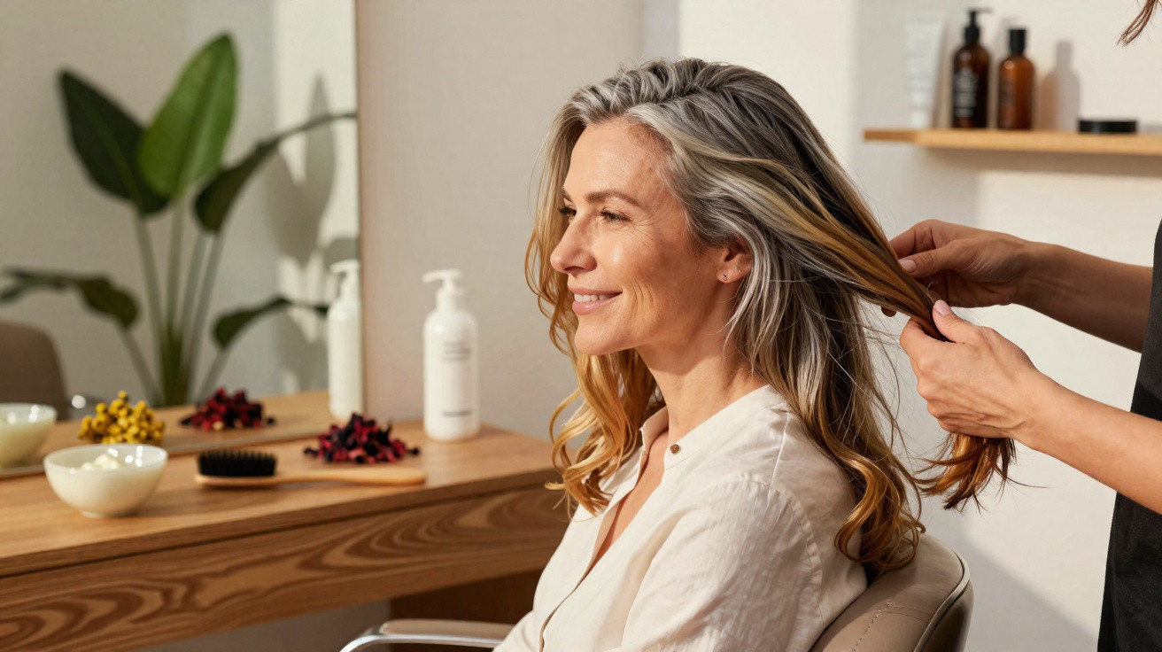 Mulher sorridente a receber tratamento capilar num salão com decoração moderna e plantas.