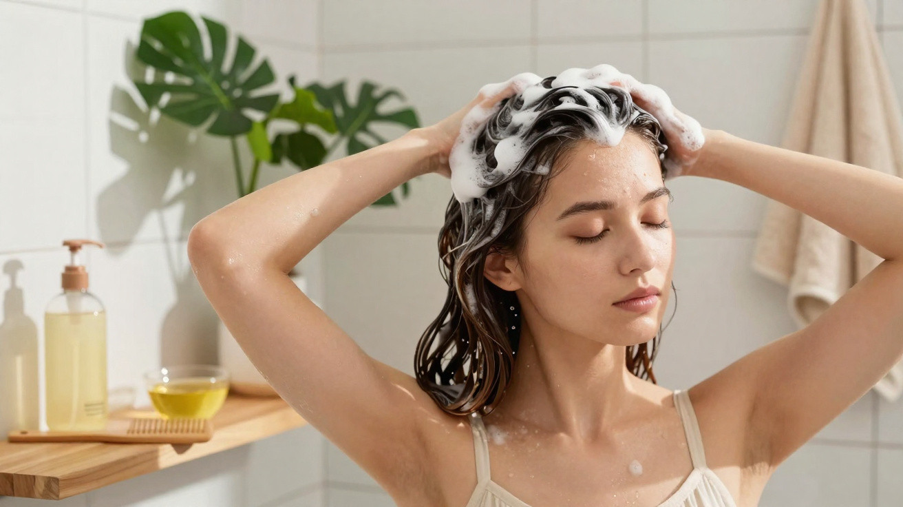 Mulher a lavar o cabelo com espuma de champô num ambiente de casa de banho iluminado.