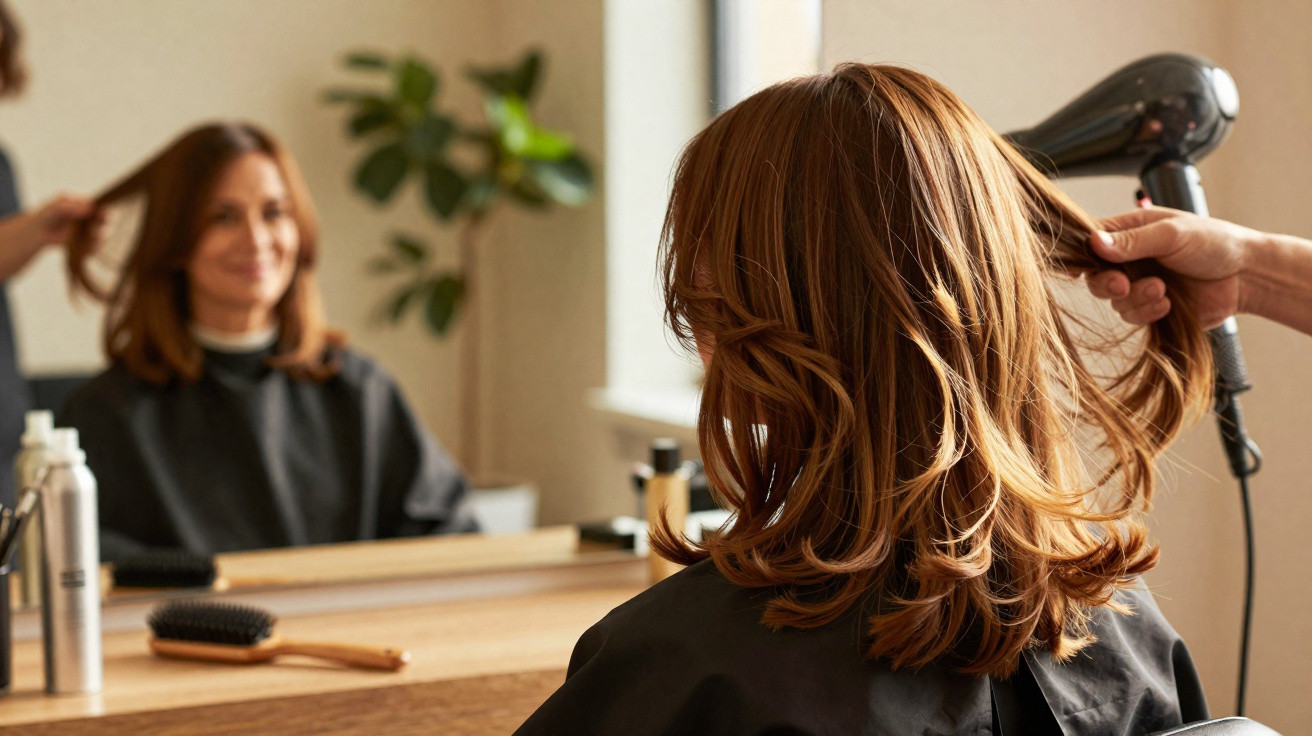 Mulher sentada em cabeleireiro a analisar o corte de cabelo feito num espelho.