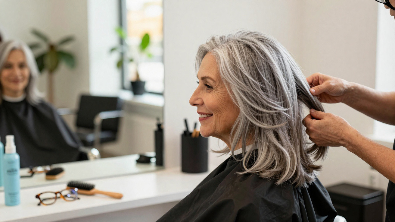 Mulher sénior sorridente em cabeleireiro a ter o cabelo penteado por profissional.