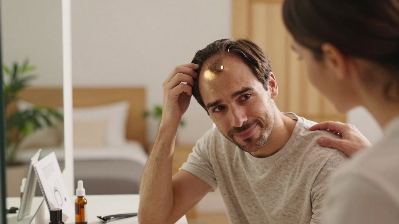 Homem aplica prótese capilar enquanto mulher apoia o seu ombro, ambos numa divisão luminosa.