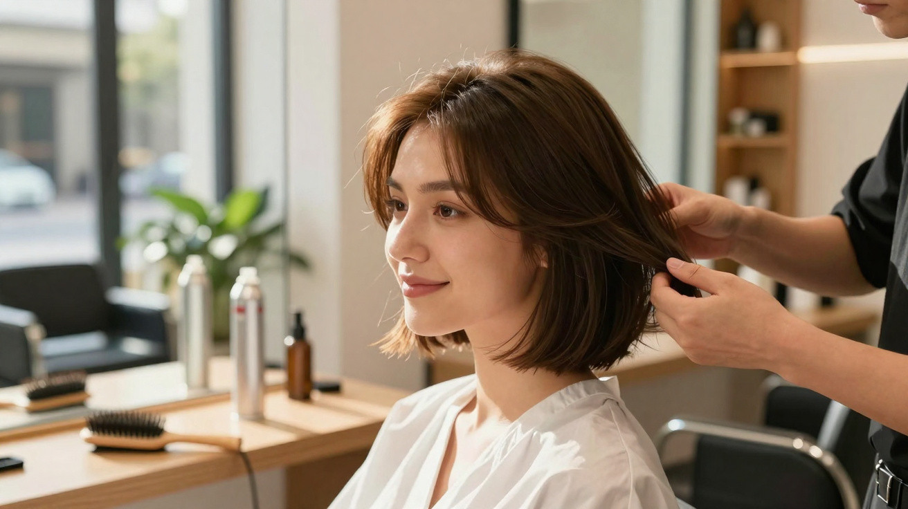 Mulher sorridente a receber corte de cabelo num cabeleireiro moderno e iluminado.