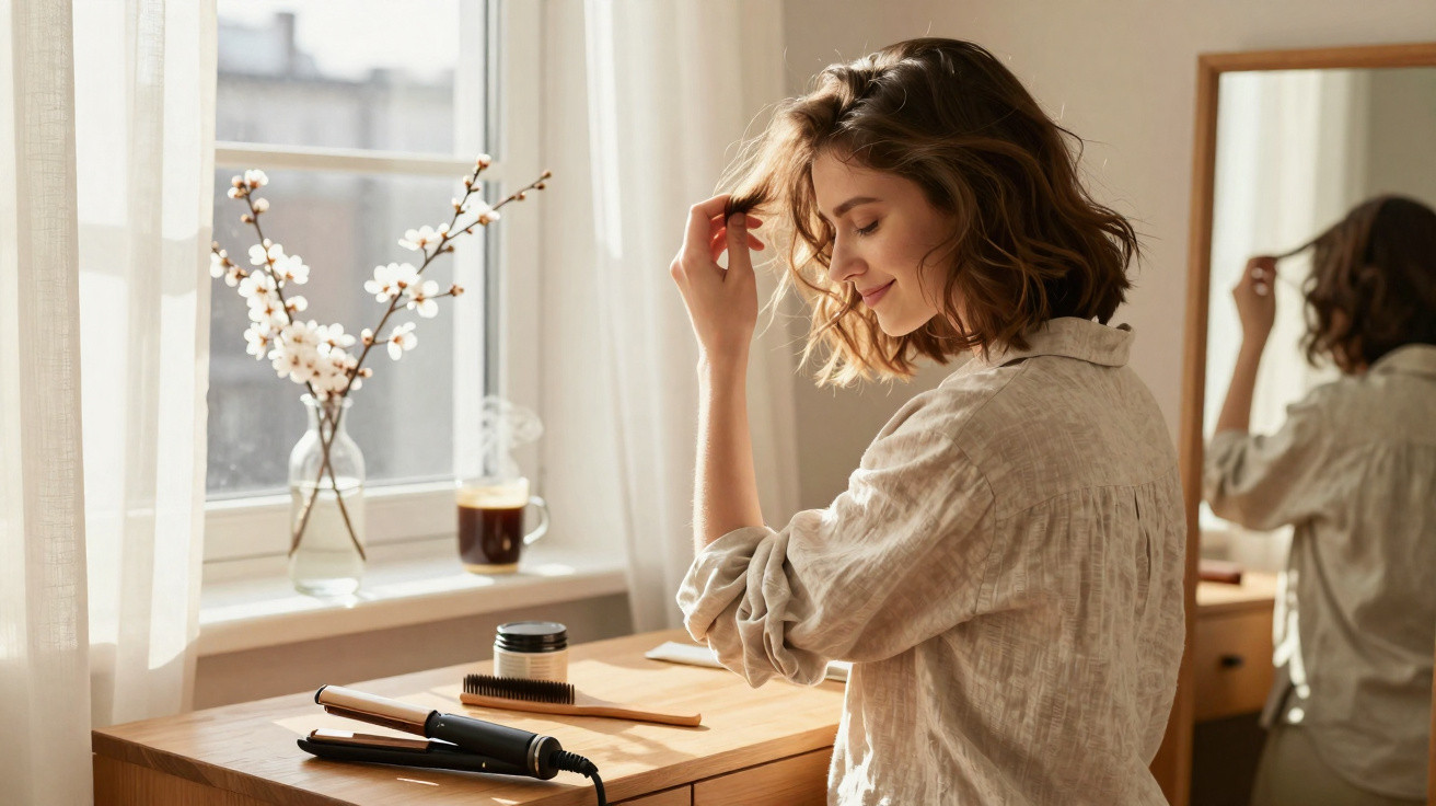 Mulher com camisa bege arranja o cabelo à frente do espelho numa mesa com produtos de beleza e chá quente.