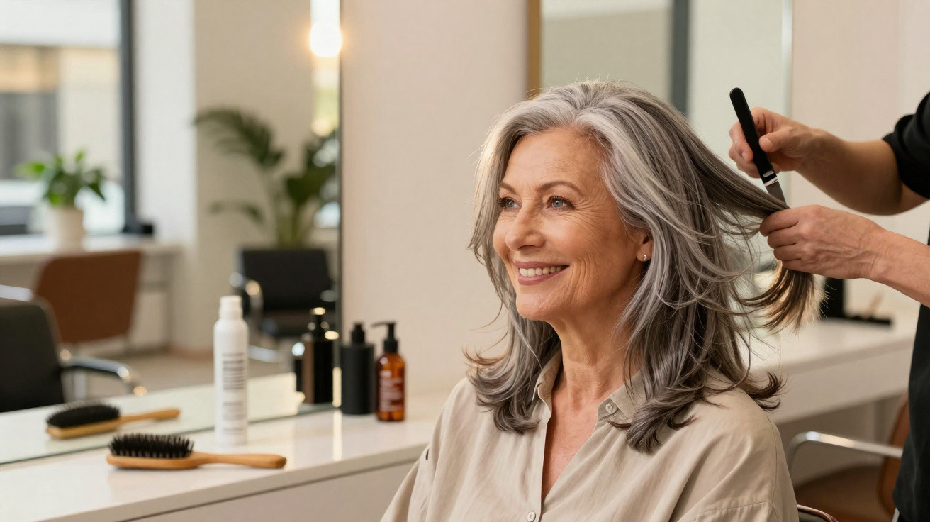 Mulher sorridente com cabelo grisalho a ser penteada num salão de cabeleireiro moderno e luminoso.