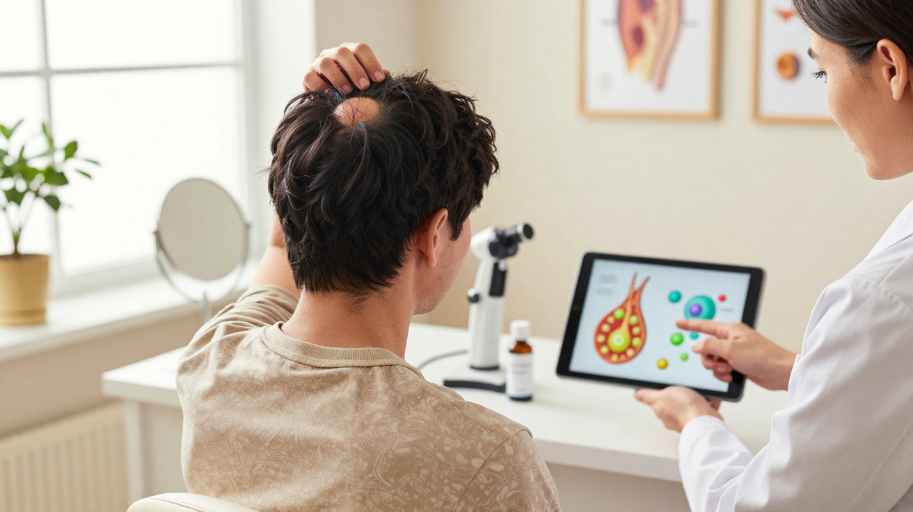 Paciente com alopecia sendo examinado por médica que mostra imagem de folículos capilares numa tablet.