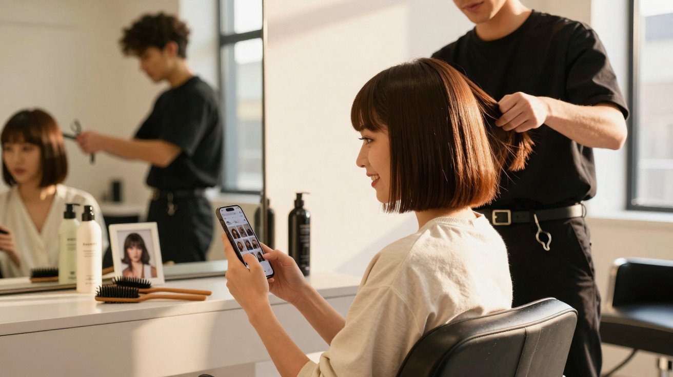 Mulher sentada num cabeleireiro a olhar para o telemóvel enquanto o cabeleireiro lhe penteia o cabelo curto castanho.