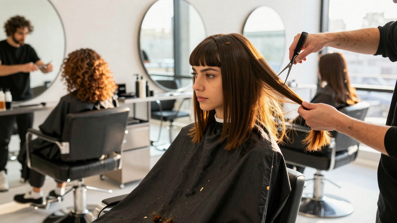 Cliente a cortar o cabelo num salão moderno com várias pessoas sentadas em cadeiras de barbeiro.