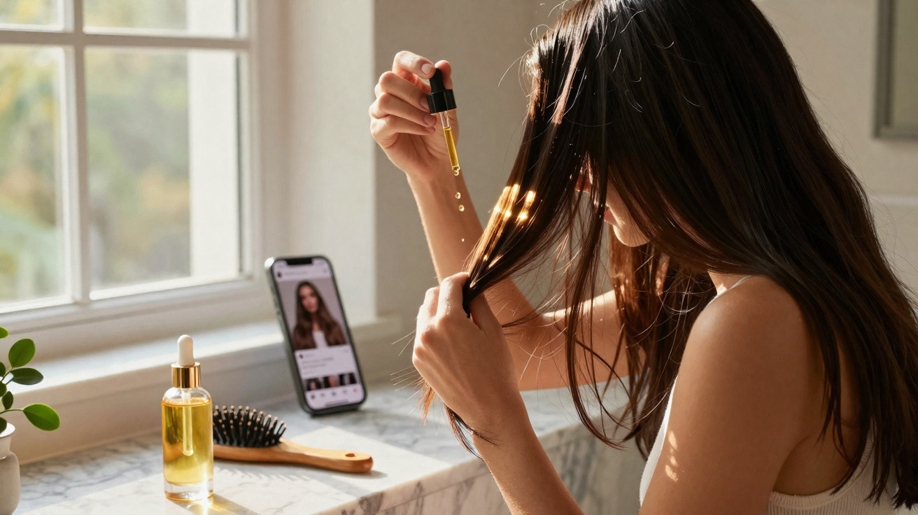 Mulher a aplicar óleo capilar, com cabelo comprido, junto a uma janela iluminada por luz natural.