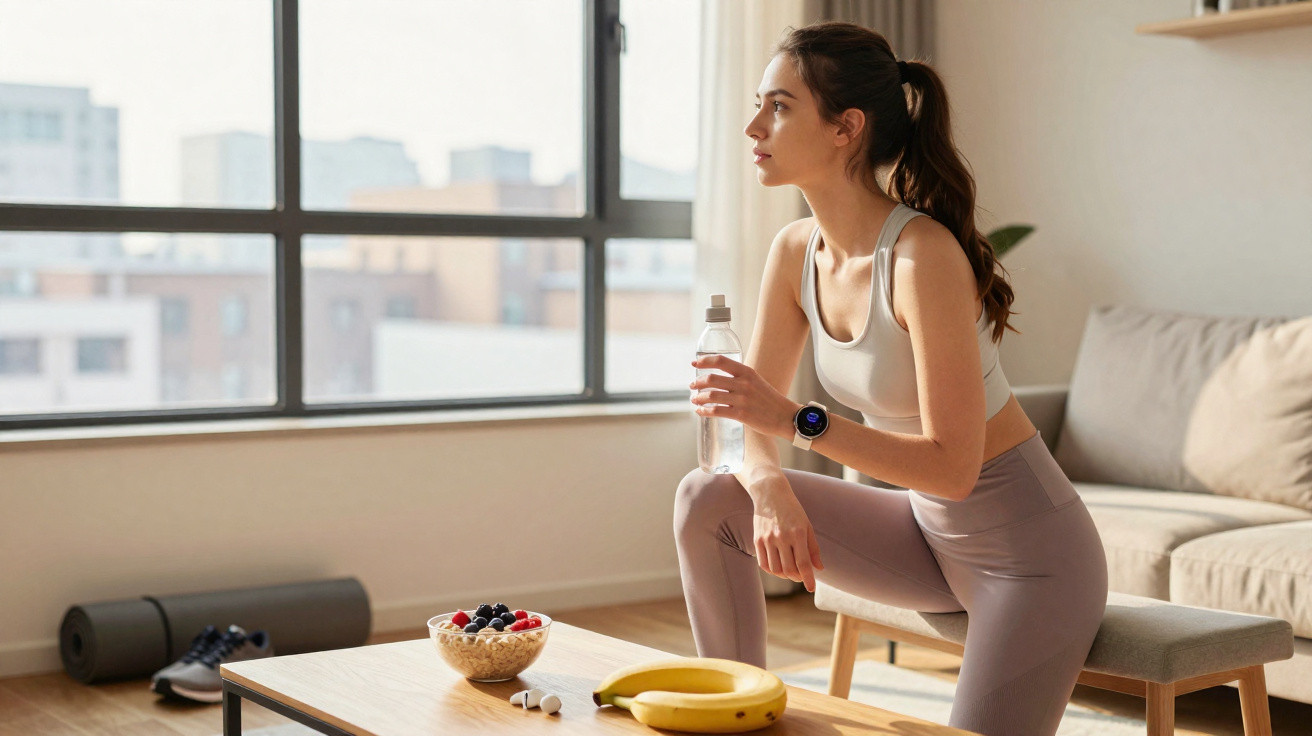 Mulher em roupa desportiva a hidratar-se com garrafa, em sala com sofá e manta de yoga numa mesa.