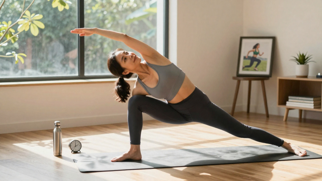Mulher a praticar yoga numa sala iluminada, esticando o corpo num tapete com garrafa e relógio ao lado.
