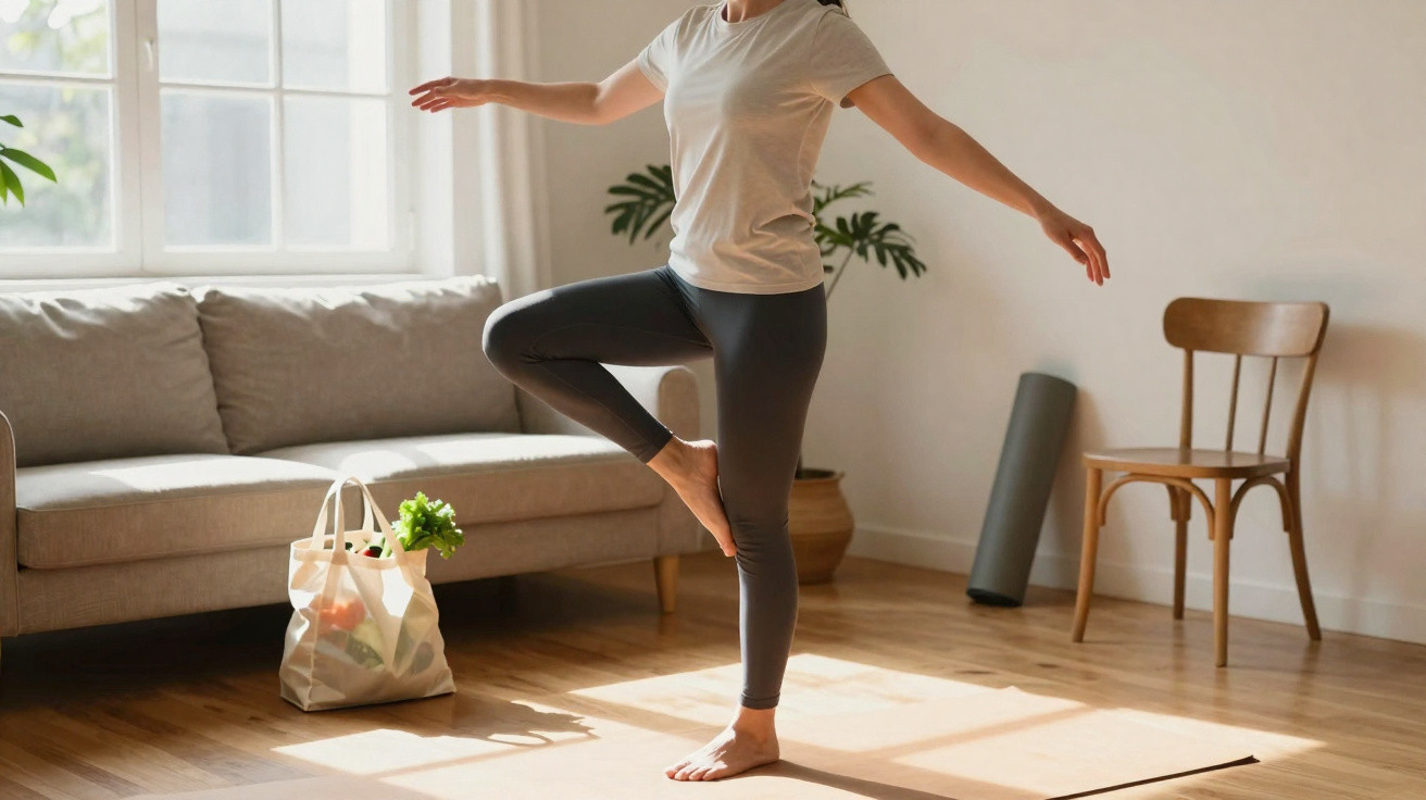 Mulher a praticar yoga em casa, na posição de equilíbrio numa perna, numa sala iluminada e acolhedora.