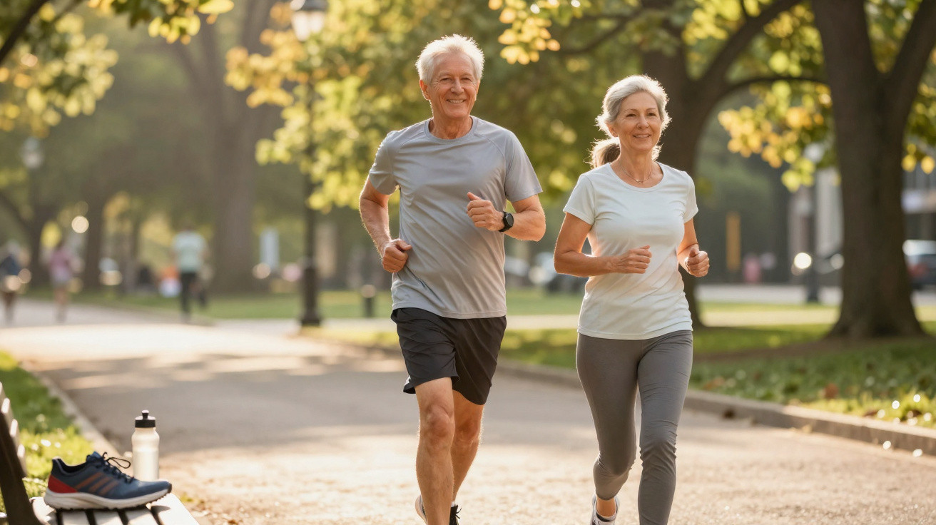Casal sénior a correr e a sorrir num parque ensolarado, usando roupas desportivas casuais.