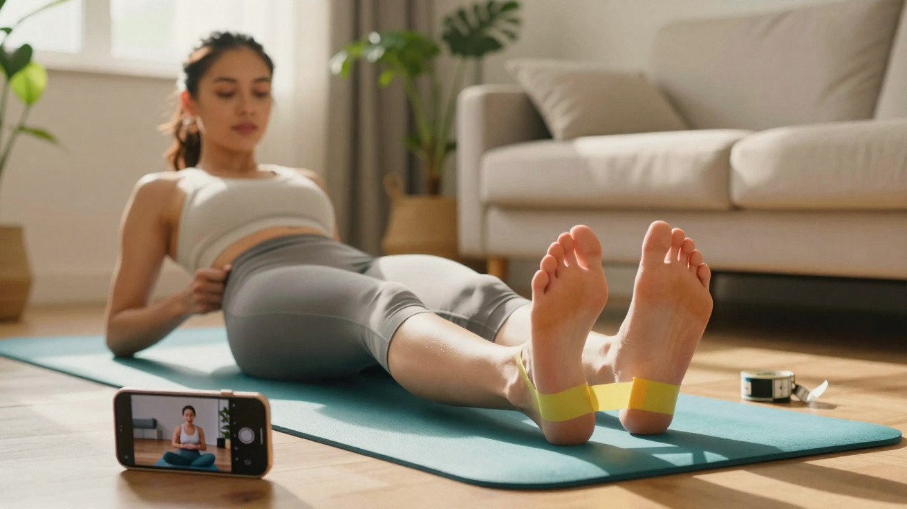 Mulher a fazer exercício em casa com fita adesiva amarela no pé, ao lado de smartphone e fita métrica.