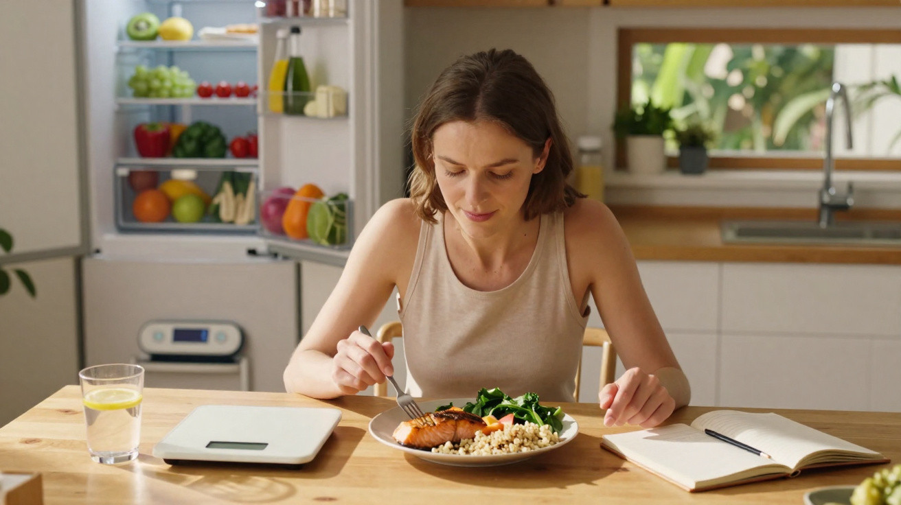 Mulher a comer refeição saudável com salmão, legumes e água na cozinha luminosa perto de balança e caderno.