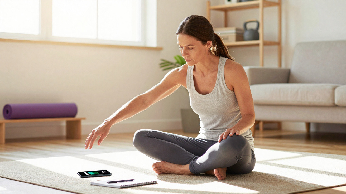 Mulher sentada no chão a preparar treino em casa, com tapete de yoga, bloco e telemóvel à frente.