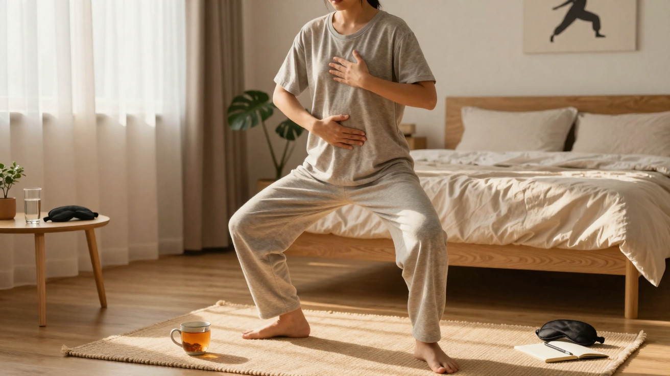 Mulher em pijama cinzento a praticar exercícios respiratórios em quarto acolhedor iluminado pela luz natural.