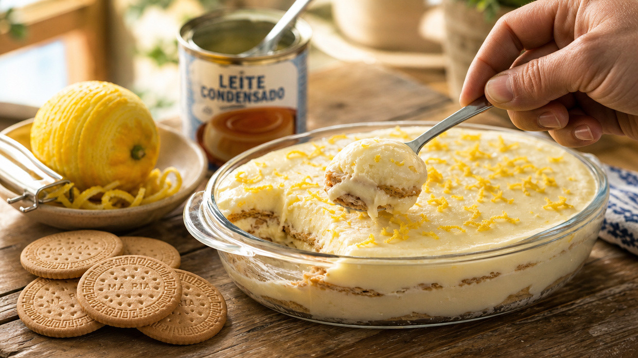 Tigela de sobremesa cremosa de leite condensado com bolachas Maria e raspa de limão, com uma colher a servir uma porção.