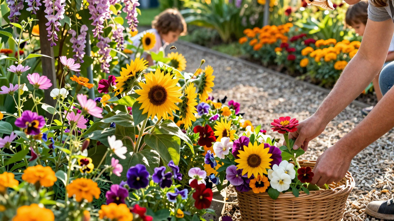 Adulto a apanhar flores coloridas num jardim com girassóis e várias flores em redor, criança ao fundo.