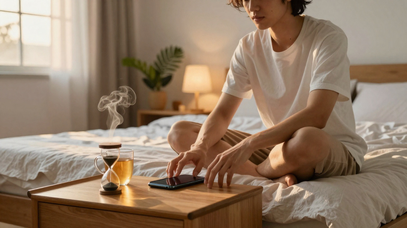 Jovem sentado na cama a usar telemóvel, com chá e ampulheta na mesa à sua frente num quarto iluminado.