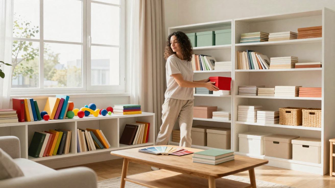 Mulher a organizar livros e caixas numa estante branca numa sala clara e arrumada.