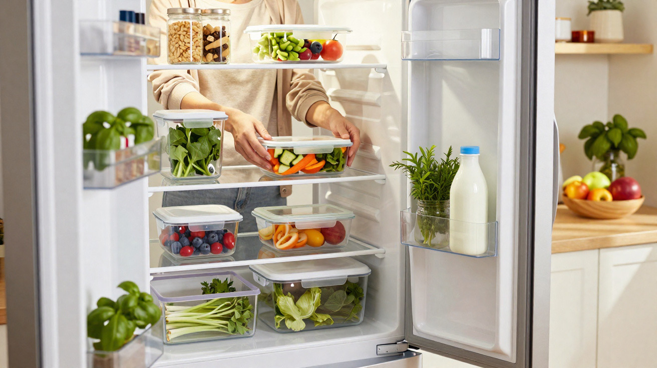 Interior de frigorífico organizado com recipientes transparentes contendo frutas, legumes e ervas frescas.