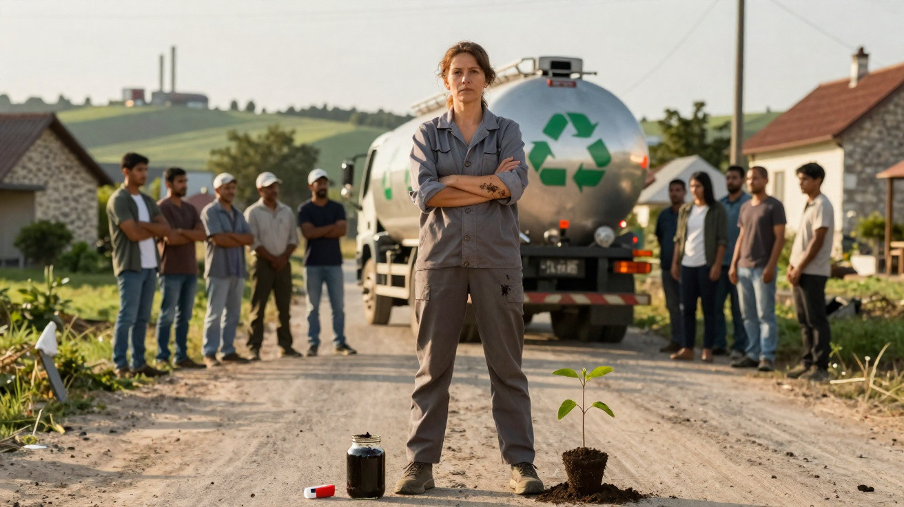 Mulher em fato de trabalho com braços cruzados, planta jovem e camião de reciclagem com símbolo ao fundo, homens observam.