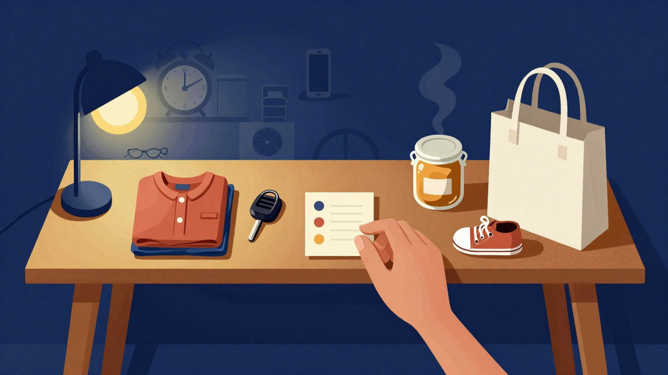 Mão a apontar para lista sobre mesa com camisa, chave, frasco, sapatilha e candeeiro aceso.