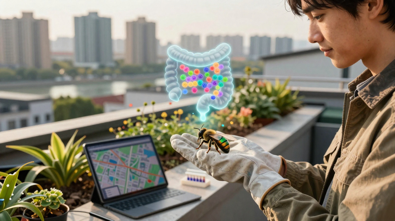 Pessoa a segurar uma abelha com luvas, com ilustração digital de intestino e microbioma ao fundo.