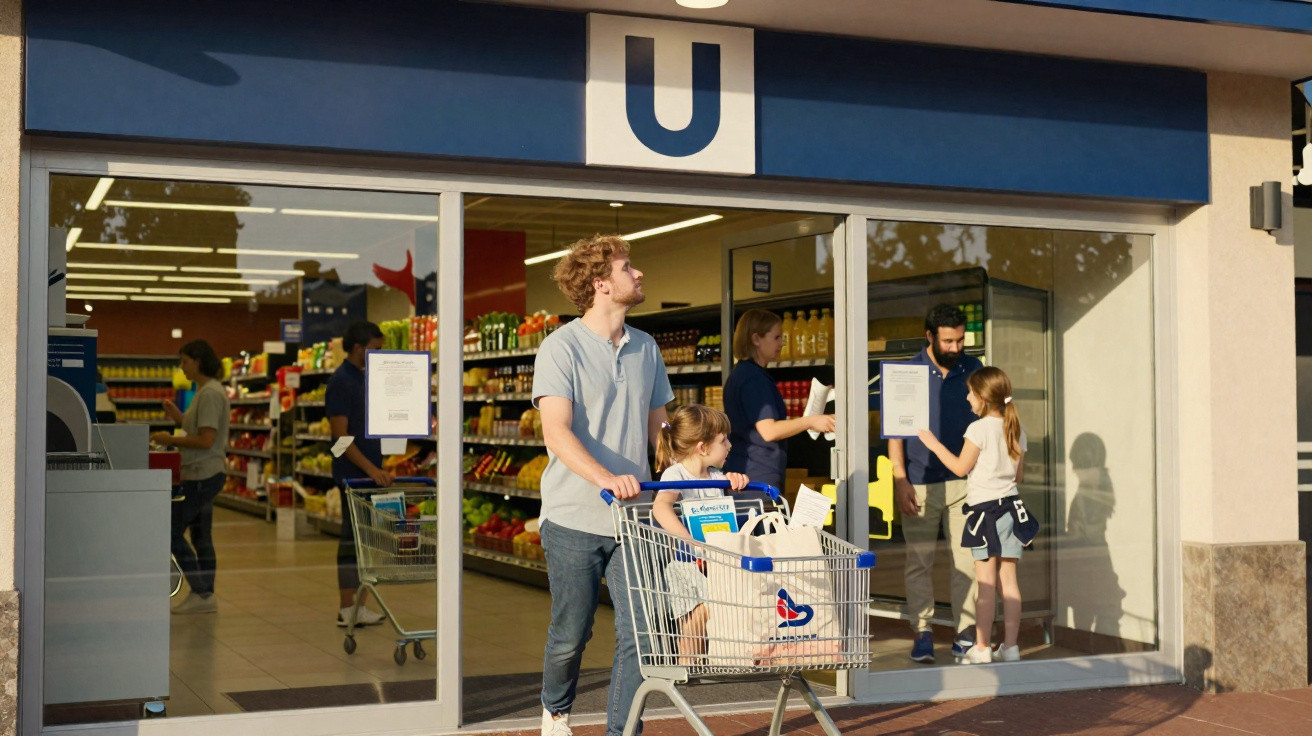 Homem com criança no carrinho a sair de supermercado com zona de caixas e compradores ao fundo.