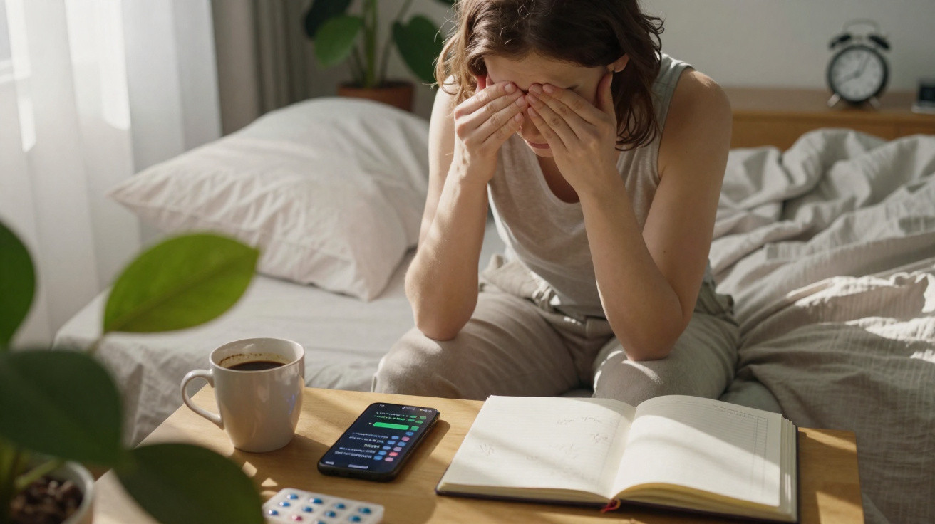 Pessoa sentada na cama cobre o rosto com as mãos, com telemóvel, caderno e café numa mesa à frente.