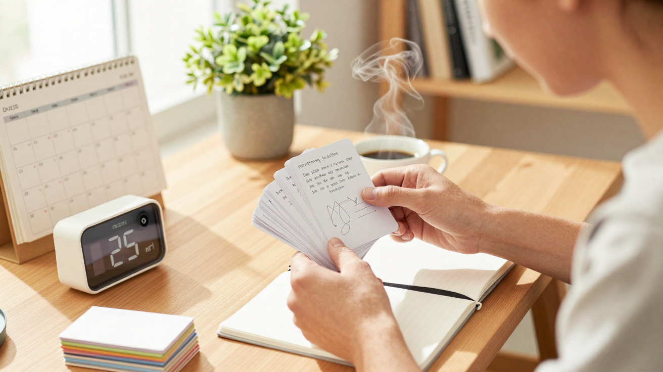 Pessoa a estudar com cartas de memória, caderno, relógio digital e café numa mesa de madeira.