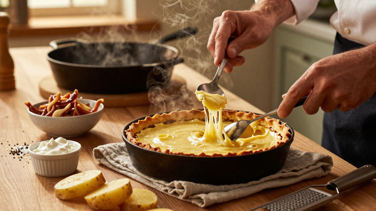 Mãos a servir quiche de queijo quente e fumegante numa forma preta sobre toalha cinzenta.