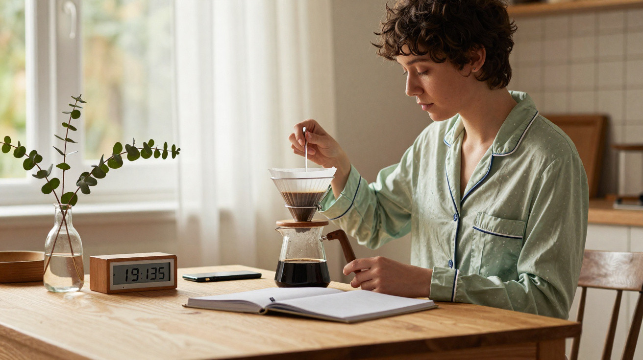 Pessoa em pijama a preparar café de filtro num ambiente de cozinha com livro aberto e relógio digital à mesa.