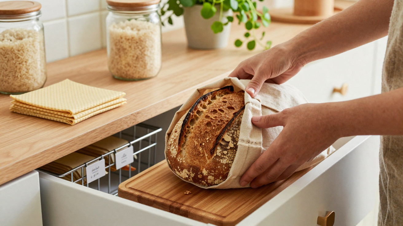 Pessoa a guardar pão caseiro numa embalagem reutilizável numa cozinha com bancada de madeira e frascos de vidro.