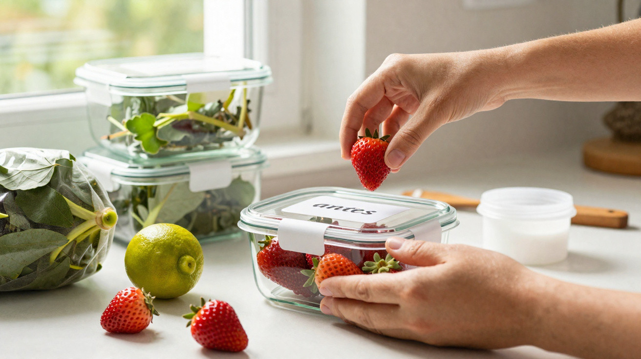 Mãos a colocar morangos numa caixa de vidro transparente numa bancada de cozinha com limão e folhas verdes.