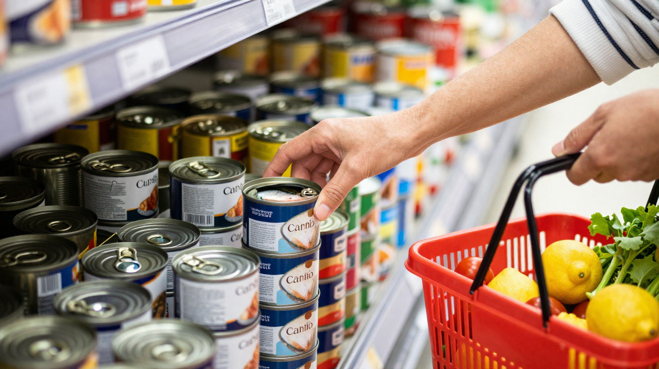 Pessoa a escolher latas de comida enlatada numa prateleira de supermercado com um carrinho de compras vermelho contendo fruta
