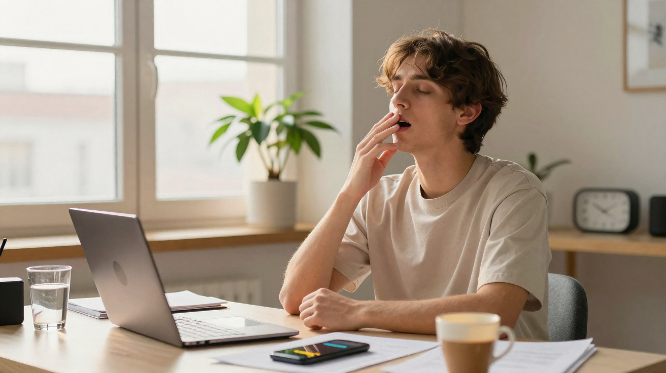 Jovem sentado numa secretária a bocejar com computador portátil, telefone e chá numa sala iluminada.