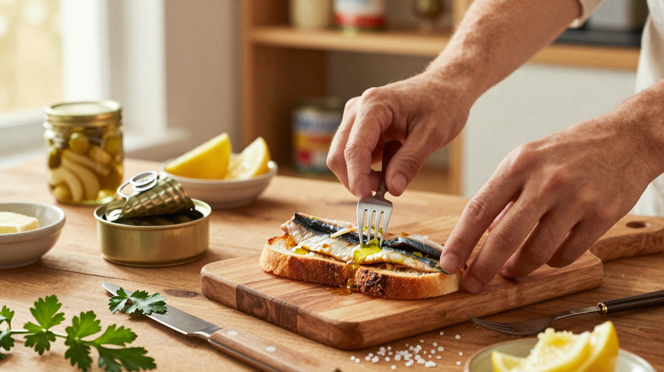 Pessoa a preparar tosta com sardinhas em pão sobre tábua de madeira numa cozinha.