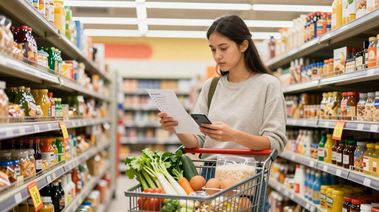 Mulher a fazer compras no supermercado com carrinho cheio de legumes, ovos e legumes, consultando lista.