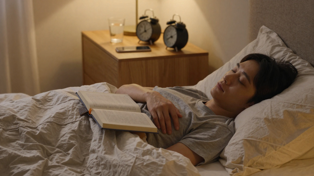 Pessoa a dormir na cama com um livro aberto pousado no peito, ao lado de uma mesa de cabeceira com relógios.