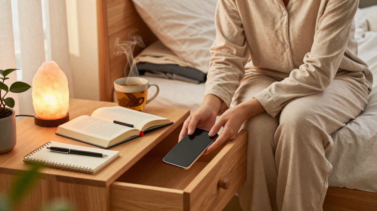 Pessoa em pijama sentada na cama a pegar um telemóvel numa mesa com livro, caderno, caneta, chá fumegante e luz ambiente.