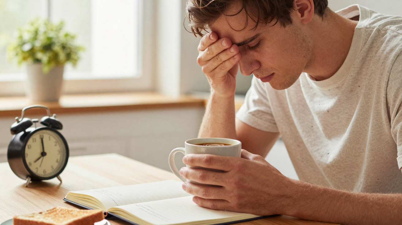 Jovem cansado segurando uma chávena de café, com livro aberto e despertador numa mesa junto a uma janela.