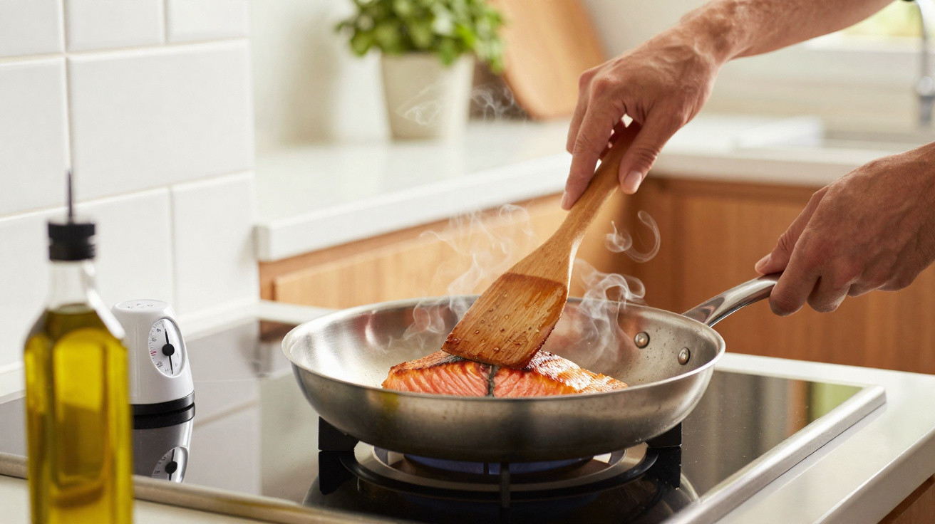 Pessoa a cozinhar salmão numa frigideira sobre fogão a gás numa cozinha moderna.