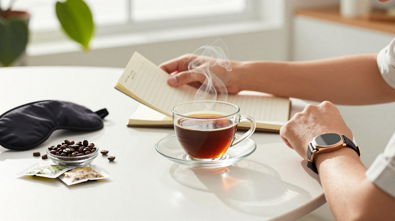 Pessoa a ler um livro com chá quente numa mesa branca, com máscara de dormir e grãos de café ao lado.