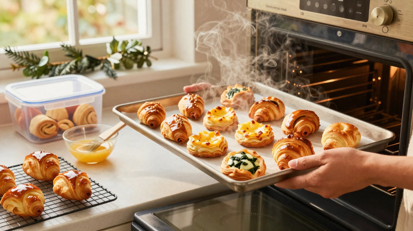 Tabuleiro com variados croissants acabados de sair do forno, numa cozinha iluminada por luz natural.
