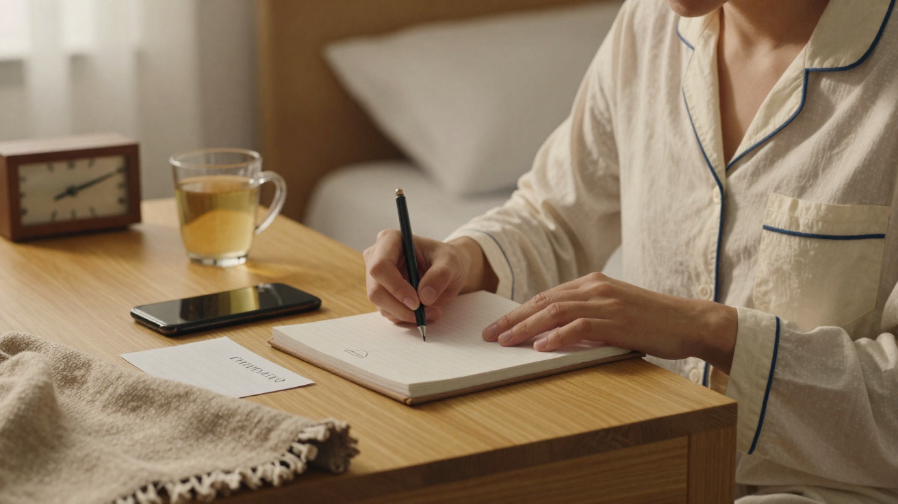 Pessoa de pijama a escrever num caderno numa mesa de madeira com chá, telemóvel e relógio em ambiente acolhedor.