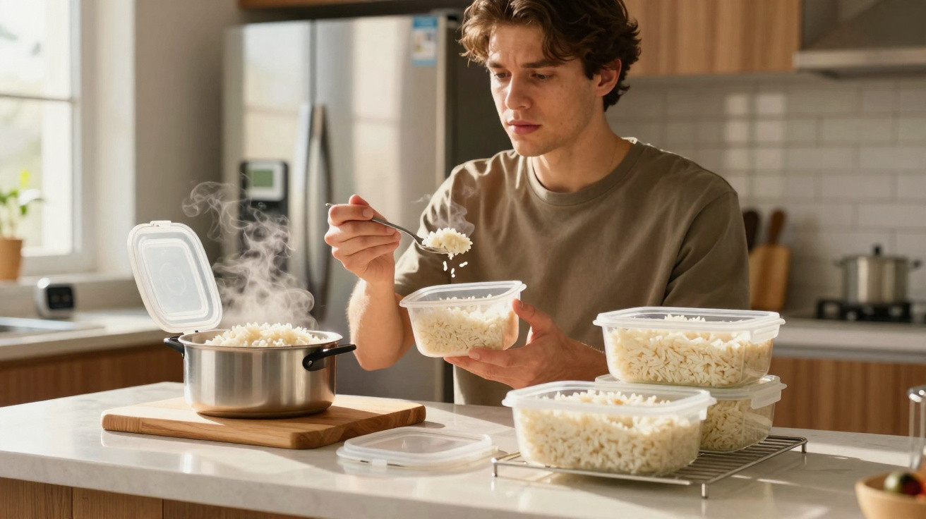 Homem a colocar arroz cozido em tupperwares transparentes numa cozinha moderna e iluminada.
