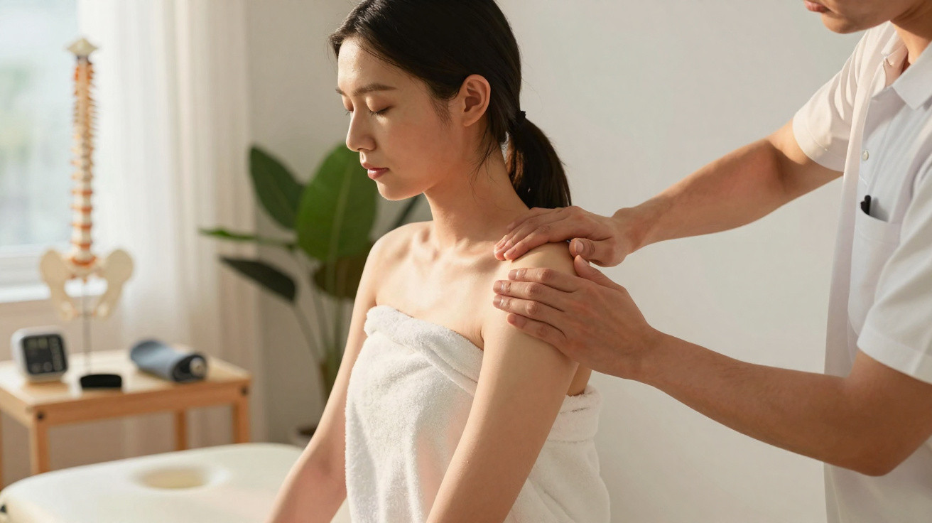 Mulher a receber massagem no ombro por terapeuta num ambiente calmo e luminoso.