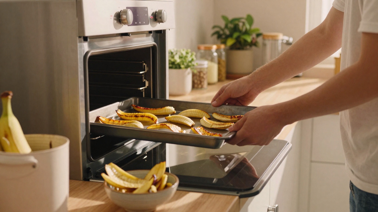 Pessoa a colocar banana cortada num tabuleiro para ir ao forno numa cozinha iluminada.