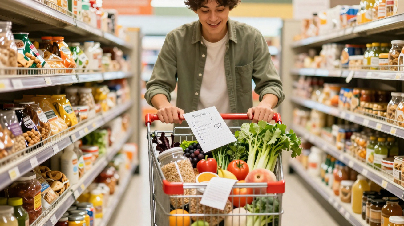 Jovem a fazer compras com carrinho recheado de frutas, legumes e cereais num supermercado iluminado.